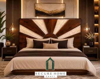 Handmade Sunburst Epoxy Resin Bed Headboard Solid Walnut Wood Luxury Headboard Modern King Queen Bed Headboard Art Deco Bedroom Wall Decor