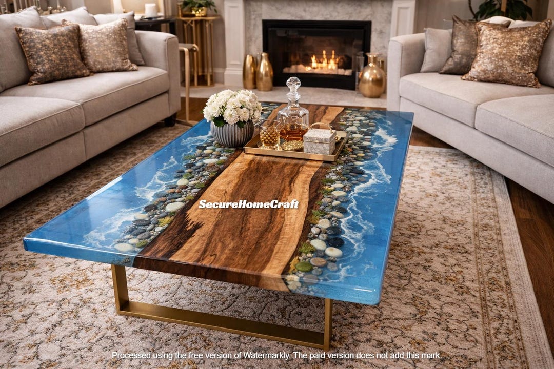 Handmade Acacia Wood River Dining Table Blue Ocean Waves Epoxy Resin ...
