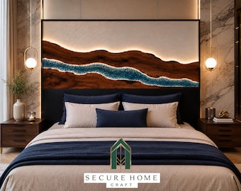 Cabecero de cama de río de resina epoxi de nogal hecho a mano, cabecero de lujo de madera tamaño king, muebles de dormitorio de resina personalizados, panel trasero de cama artesanal moderno