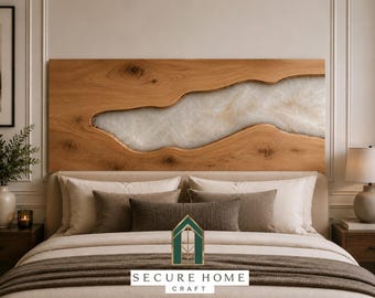 Handmade Live Edge Epoxy Resin Bed Headboard Luxury Wood River Headboard Modern Wooden Headboard Custom Furniture Artisan Wall Headboard
