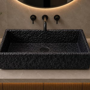 Black Marble Rectangular Vessel Sink : Rustic Chiseled Stone Bathroom Basin