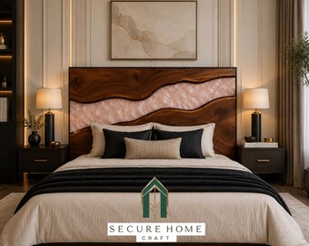 Handmade Live Edge Pearl White Epoxy Resin Bed Headboard Solid Walnut Wood River Headboard Luxury Modern Headboard Custom Bedroom Wall Decor