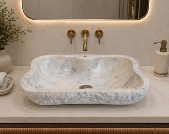 Handmade White Marble Vessel Sink Rustic Chiseled Stone Countertop Wash Basin