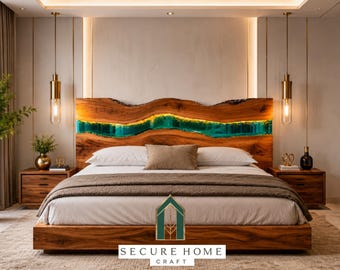 Cabecero de cama de resina marina hecho a mano, cabecero de madera con borde natural, respaldo de cama tamaño king, muebles de dormitorio costeros, decoración de lujo para cabeceros de madera