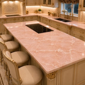 Îlot de cuisine en marbre rose, décoration de table en pierre naturelle image 1