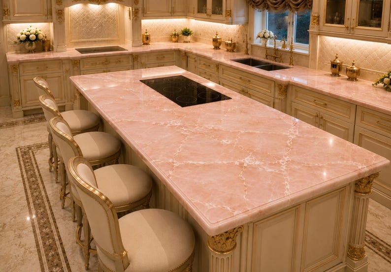 Îlot de cuisine en marbre rose, décoration de table en pierre naturelle image 1