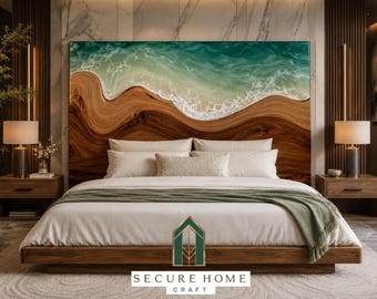 Handmade Ocean Wave Resin Bed Headboard Live Edge Wood Epoxy Resin Headboard Luxury King Queen Headboard Custom Coastal Bedroom Decor