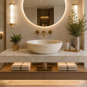 May include: A bathroom vanity featuring a round, textured stone vessel sink centered on a white marble countertop. Below, a wooden shelf holds two stacks of folded beige towels and a small tray. A round mirror with backlighting hangs above.