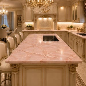 Îlot de cuisine en marbre rose, décoration de table en pierre naturelle image 6