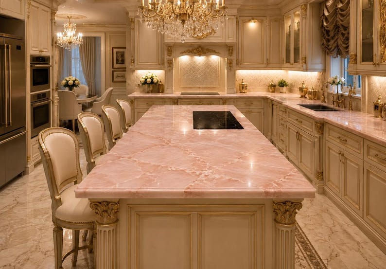 Îlot de cuisine en marbre rose, décoration de table en pierre naturelle image 6