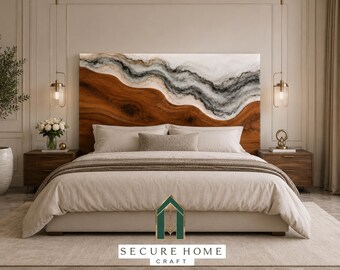 Cabecero de cama de lujo hecho a mano en madera natural con borde natural y resina de mármol, cabecero moderno para camas tamaño king y queen, cabecero de pared de madera personalizado.