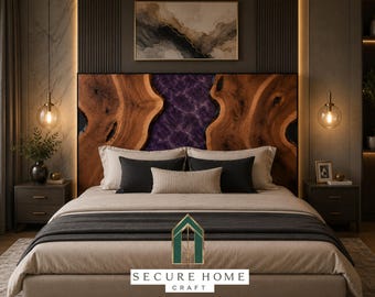 Handmade Purple Epoxy Resin Live Edge Bed Headboard Solid Wood River Headboard Luxury King Queen Headboard Modern Rustic Bedroom Wall Decor