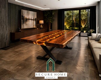 Mesa de comedor de lujo color ámbar con resina epoxi, mesa de nogal hecha a mano con borde natural, mesa de comedor de resina personalizada, mesa de conferencias moderna.
