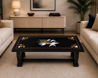 Luxury Black Marble Inlay Coffee Table Top : Handmade Bird Pietra Dura Marble Table