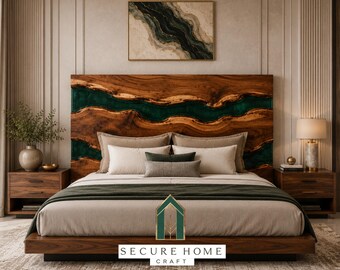 Luxury Handmade Resin River Bed Headboard Live Edge Walnut Wood Headboard Modern Bedroom Wall Headboard Custom Resin Luxury Bedroom Decor