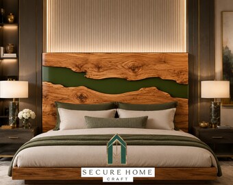 Cabecero de cama artesanal de resina epoxi verde oliva con borde natural, cabecero de madera maciza de río, respaldo de cama rústico moderno, decoración de pared de lujo para dormitorio.