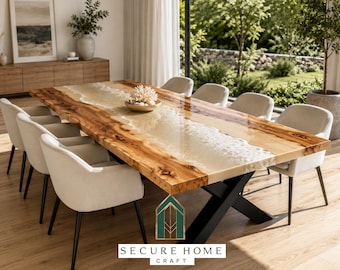 Mesa de comedor de lujo con resina epoxi y diseño de olas de playa, hecha a mano, estilo río oceánico, con madera de borde natural, muebles de comedor costeros y mesas de comedor personalizadas.