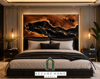 Cabecero de cama de lujo de resina epoxi negra, cabecero de madera natural hecho a mano, panel de pared moderno para dormitorio tamaño king, decoración de cabecero de madera personalizado