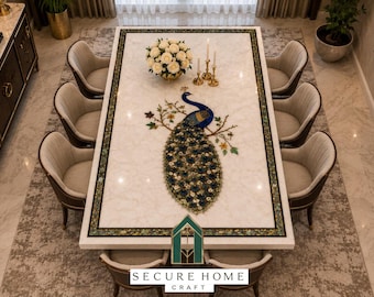 Mesa de comedor hecha a mano con incrustaciones de mármol y pavo real – Arte del Taj Mahal con piedras preciosas Pietra Dura