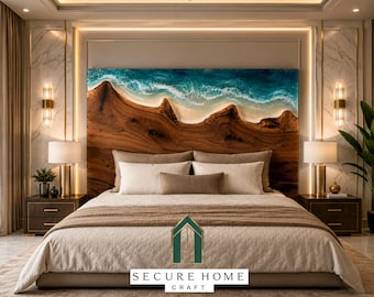 Cabecero de cama de resina marina hecho a mano, cabecero de madera con borde natural, cabecero costero, panel de pared de dormitorio de lujo, decoración de cabecero de madera personalizado