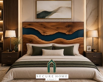 Handmade Live Edge Blue Epoxy Resin Bed Headboard Solid Wood Headboard Modern Luxury King Queen Headboard Custom Rustic Bedroom Wall Decor