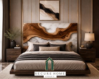 Luxury Handmade Live Edge Resin Wood Headboard Modern Wooden Bed Headboard Contemporary Wall Mounted Headboard Custom Luxury Bedroom Decor