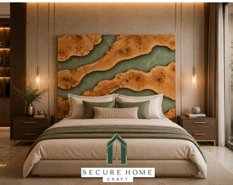 Handmade Green Epoxy River Bed Headboard Live Edge Wood Headboard Custom King Size Bed Headboard Luxury Modern Bedroom Wall Panel