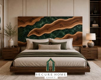 Luxury Handmade Green Resin River Wood Headboard Live Edge Wooden Headboard Modern Bed Headboard Custom Headboard Luxury Bedroom Decor