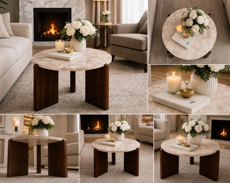 Puede incluir: Una mesa de centro redonda con una superficie de patr&oacute;n de m&aacute;rmol beige y tres patas de madera marr&oacute;n oscuro. La mesa est&aacute; decorada con un jarr&oacute;n blanco acanalado con flores blancas, una vela encendida en un frasco de vidrio, un cuenco dorado y un libro blanco.