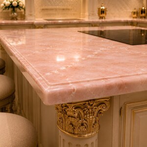 Îlot de cuisine en marbre rose, décoration de table en pierre naturelle image 4