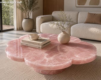 Rose Quartz Coffee Table Flower Shaped Pink Crystal Table Handmade Gemstone Center Table Luxury Living Room Furniture Natural Quartz Decor