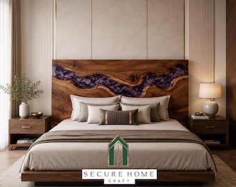 Luxury Handmade Resin River Wood Headboard Purple Resin Bed Headboard Modern Headboard Custom King Bed Headboard Luxury Bedroom Wall Decor