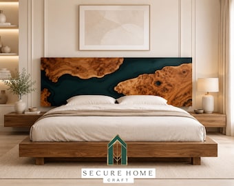 Cabecero de cama de río de madera de raíz de nogal hecho a mano con resina epoxi, cabecero de madera de lujo tamaño king, muebles de dormitorio de resina personalizados, panel trasero de cama artesanal moderno