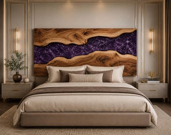 Handgefertigtes Lila Harz Flussbett Kopfteil Live Edge Holz Kopfteil Luxus Holz Kopfteil Moderne König Königin Schlafzimmer Dekor