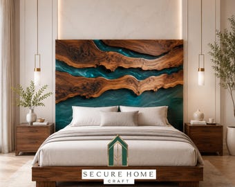 Cabecero de cama de resina epoxi de nogal hecho a mano, cabecero de lujo tamaño king, muebles de dormitorio de resina personalizados, panel trasero de cama artesanal moderno