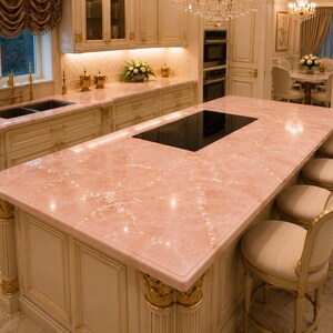 Îlot de cuisine en marbre rose, décoration de table en pierre naturelle image 2