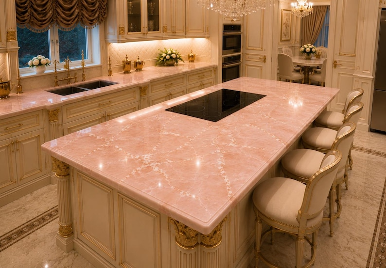Îlot de cuisine en marbre rose, décoration de table en pierre naturelle image 2