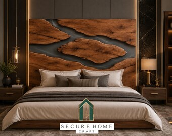 Handmade Live Edge Walnut Epoxy Resin Bed Headboard Luxury Wood River Headboard Modern Wooden Headboard Custom Bedroom Furniture
