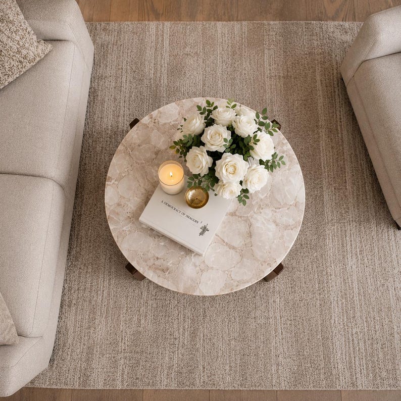 Puede incluir: Una mesa de centro redonda con una superficie de piedra texturizada en color beige claro. Sobre la mesa hay un libro blanco titulado A Democracy of Imagery, un cuenco dorado peque&ntilde;o, una vela encendida y un ramo de rosas blancas.