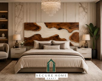 Handmade White Resin River Bed Headboard Live Edge Wood Headboard Luxury King Queen Wooden Headboard Modern Bedroom Wall Decor