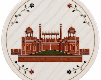 Designer Red Fort Marble Table Top Elegant White Stone Inlay Art Luxury Indian Decor