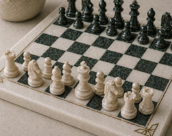 Juego de ajedrez de mármol con tablero incrustado / Juego de ajedrez de piedra hecho a mano, tablero de ajedrez de lujo, decoración para el hogar, regalo