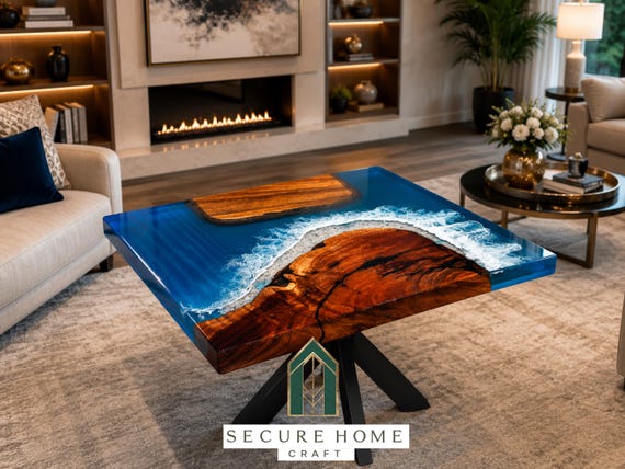 A full live-edge ocean epoxy river coffee table where crashing blue resin waves are literally trapped inside solid wood — statement coastal furniture you can't buy at IKEA.