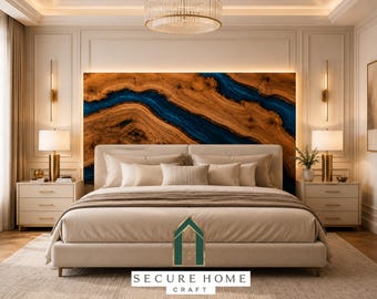 Handmade Blue Epoxy River Bed Headboard Burl Wood King Size Headboard Luxury Wooden Bedroom Furniture Custom Artisan Bed Back Panel