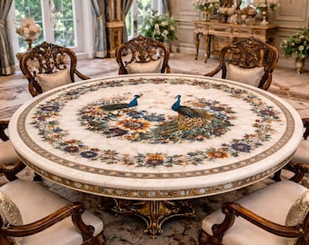 Mesa de centro redonda de piedra con incrustaciones de mármol artístico, decoración del hogar hecha a mano de primera calidad