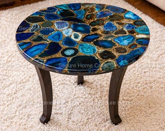 Blue Agate Resin Table Top Luxury Geode Epoxy Art with Gold Veins Handmade Statement Piece