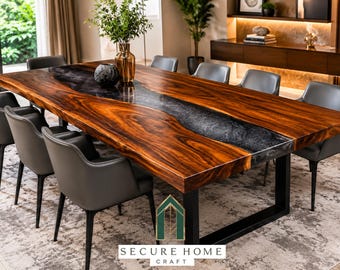 Mesa de comedor de lujo con resina epoxi negra, mesa de madera de nogal con borde natural hecha a mano, mesa de conferencias de madera maciza a medida, muebles de comedor modernos de resina.