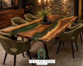Mesa de comedor de lujo con resina epoxi verde y borde natural, mesa de río artesanal de madera, mesa de conferencias, muebles personalizados, mesa rústica moderna.