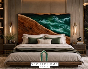 Handmade Ocean Wave Resin River Bed Headboard Live Edge Wood Headboard Luxury King Queen Wooden Headboard Coastal Bedroom Decor
