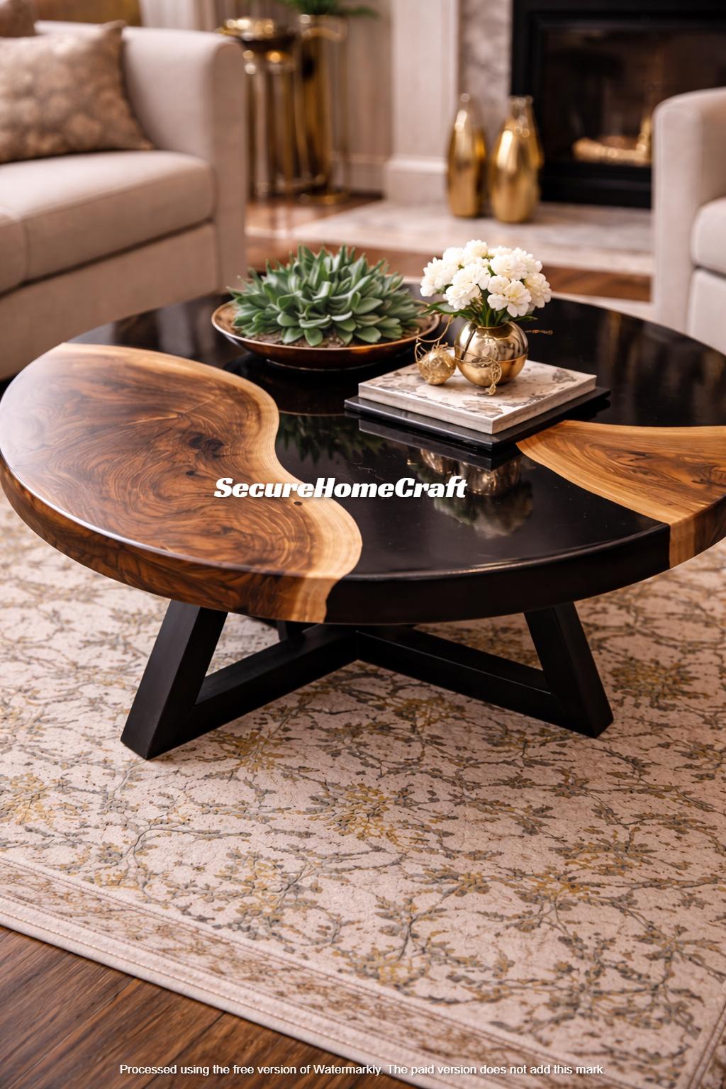 Handmade Round Black Epoxy Wood Coffee Table Modern Living Room Table ...
